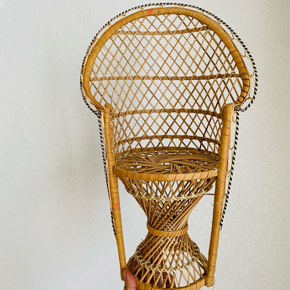 Vintage Boho Rattan Mini Wicker Peacock Chair Plant Stand